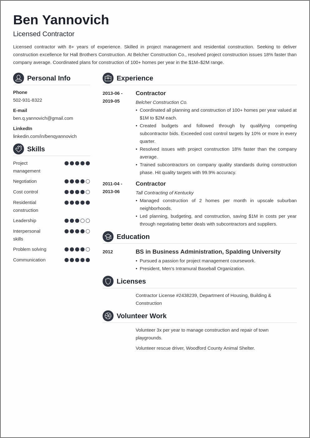Example Of Residential Contractor Resume