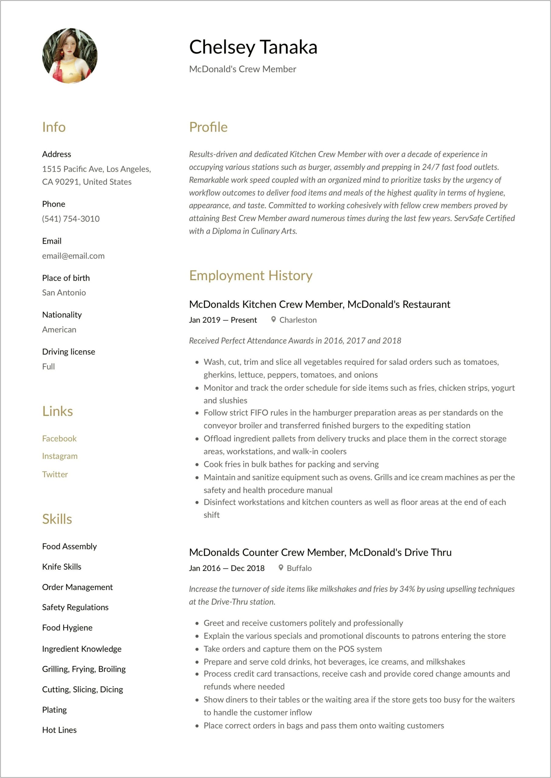 Example Of Resume Applying For Mcdonalds