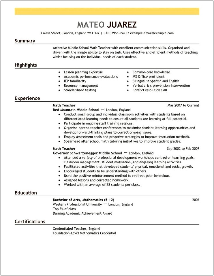 Example Of Resume Applying For Teacher