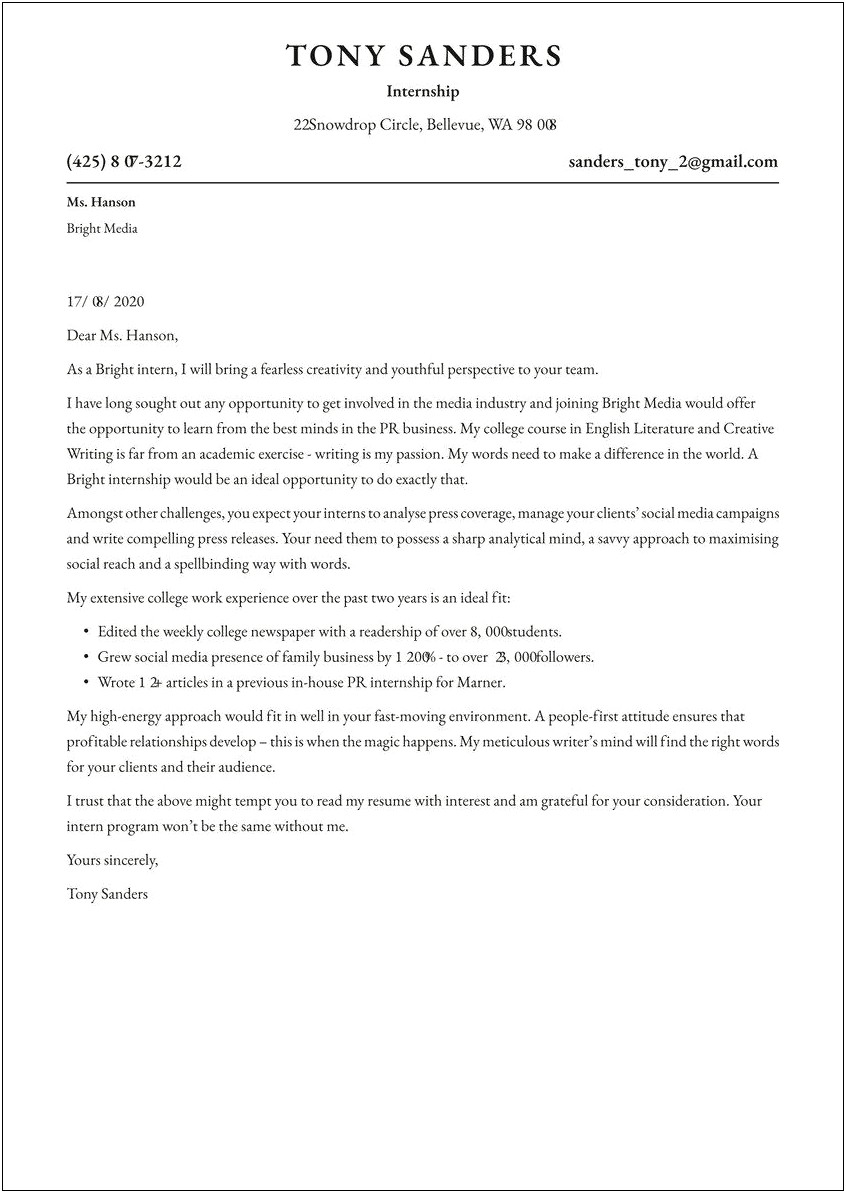Example Of Resume Cover Letter For Internship