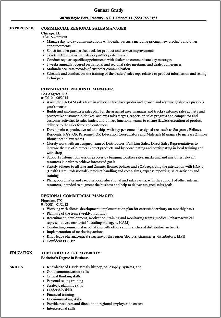 Example Of Resume For A Commercial Coordinator
