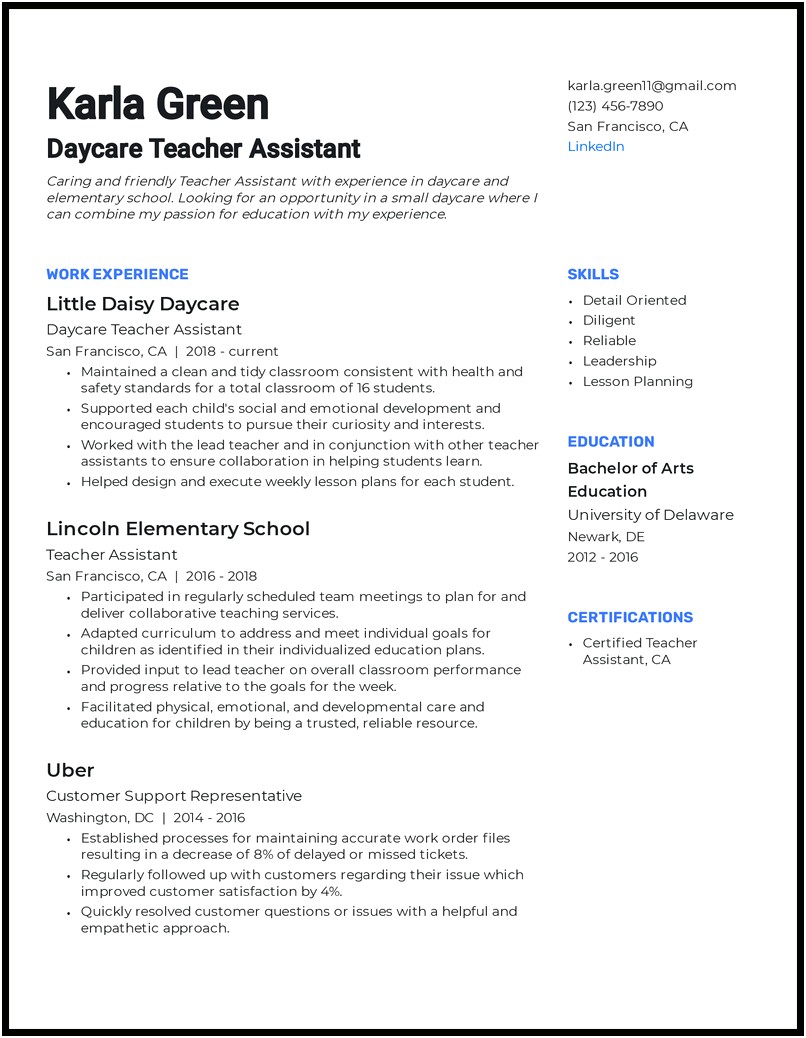 Example Of Resume For A Daycare