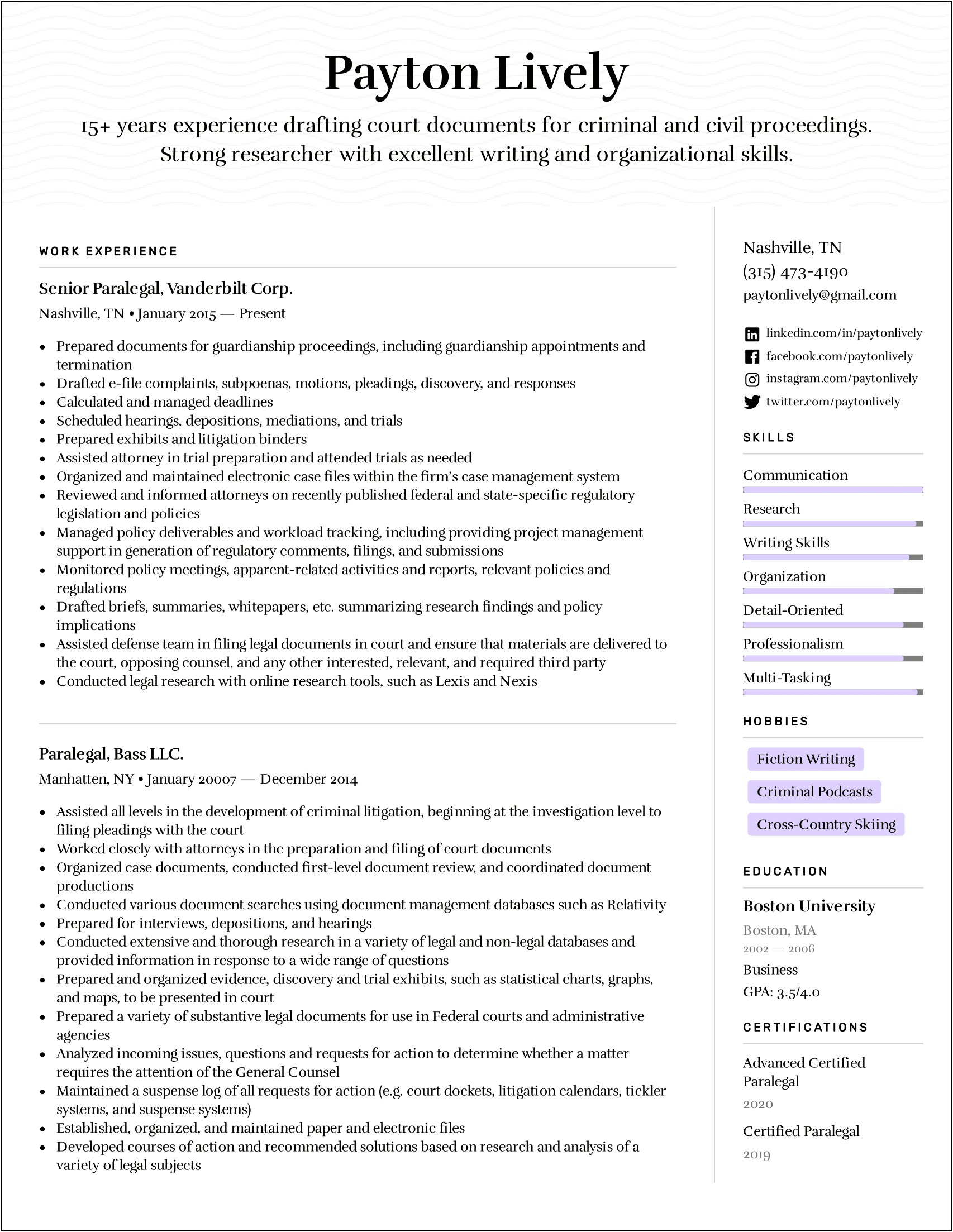Example Of Resume For A Paralegal