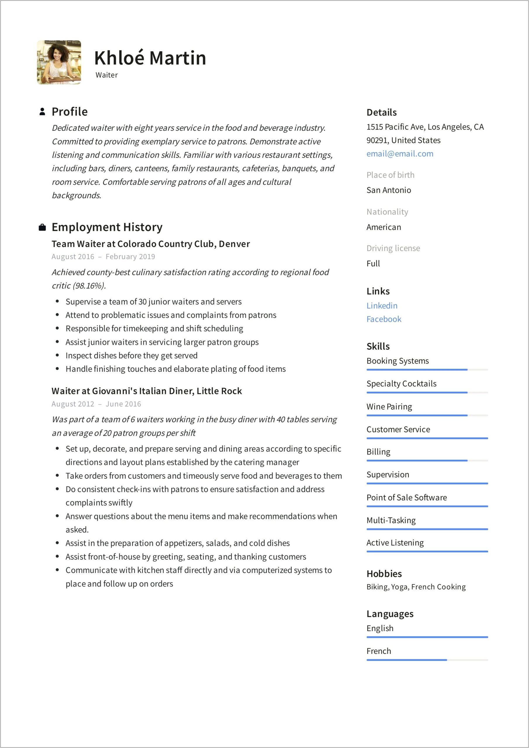Example Of Resume For A Server