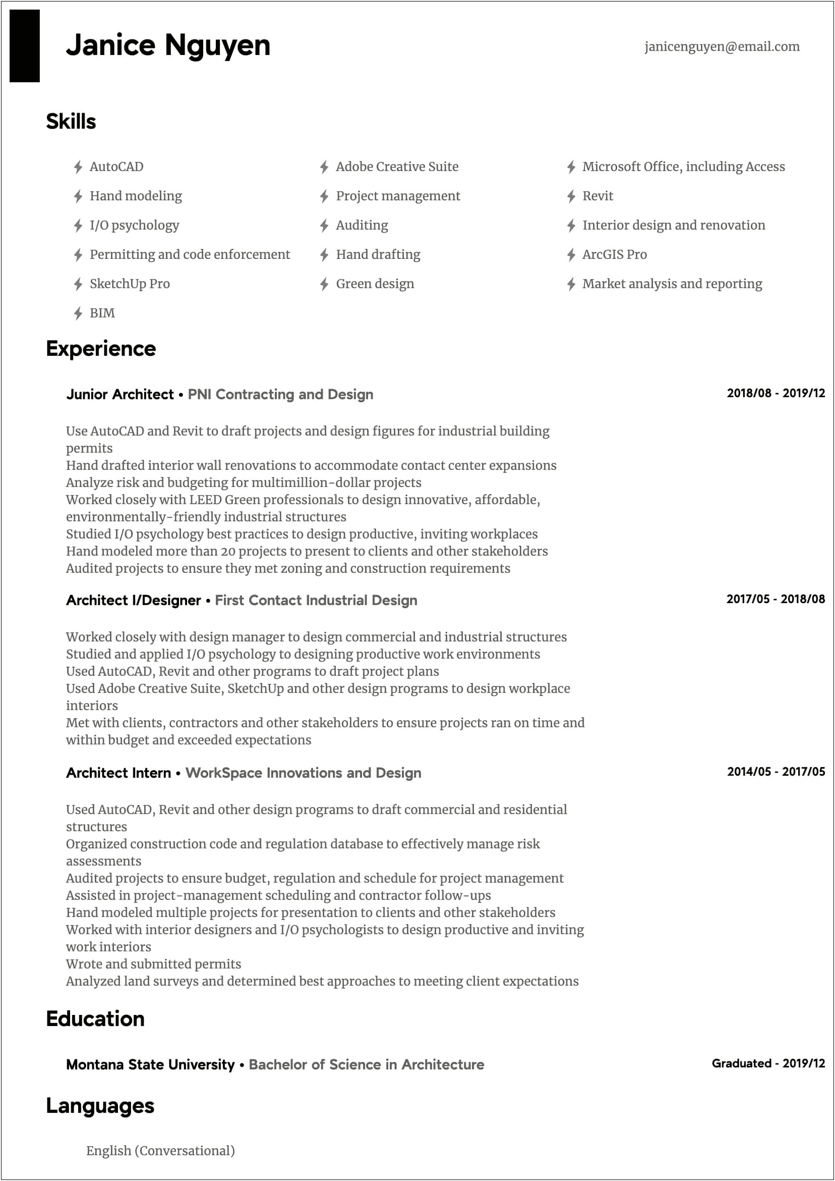 Example Of Resume For Architect