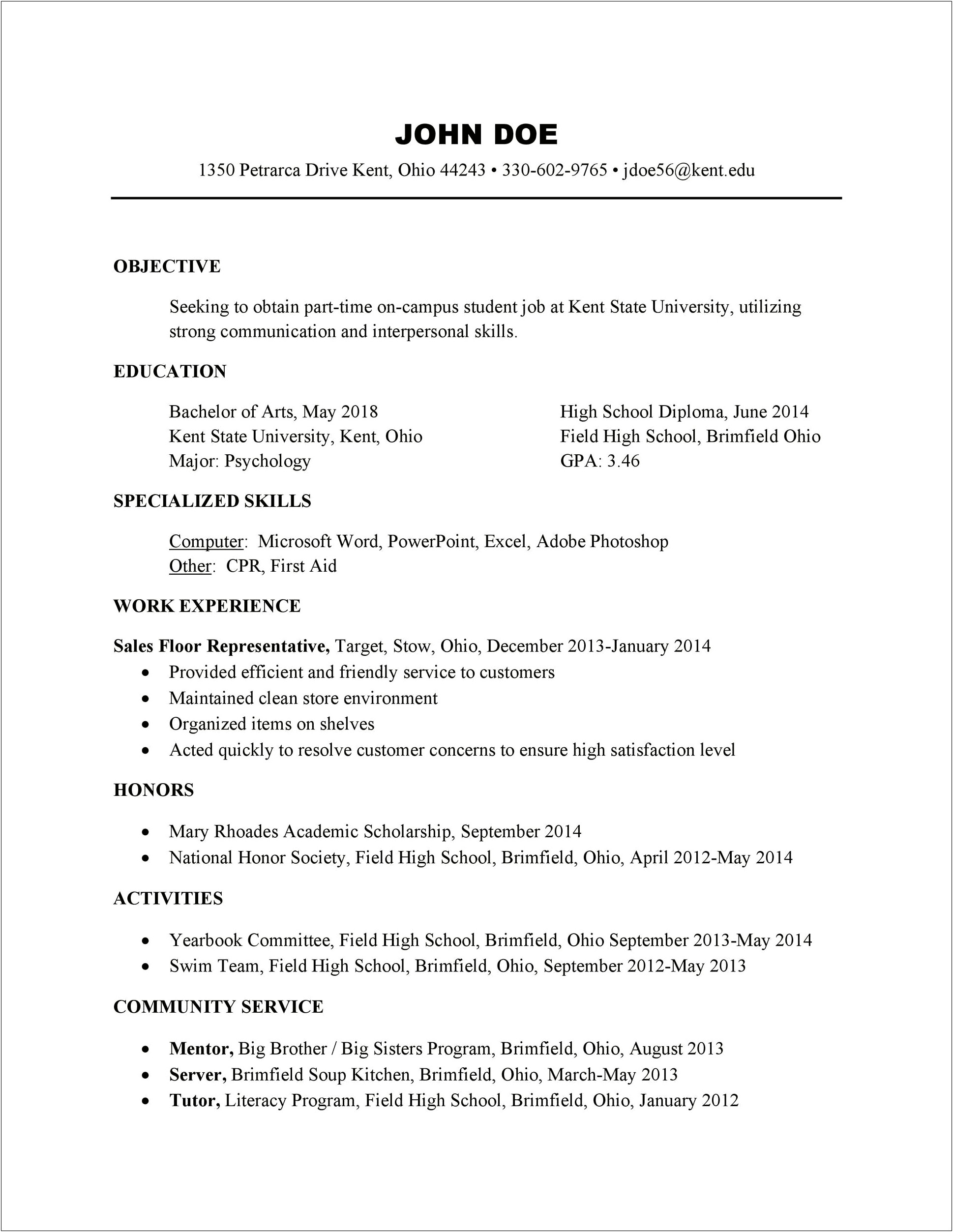 Example Of Resume For Bachelors In Psychology