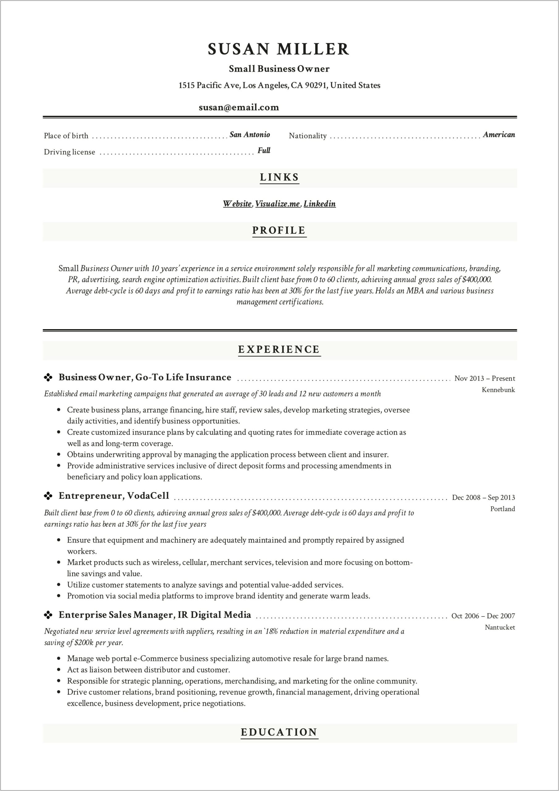 Example Of Resume For Business Students