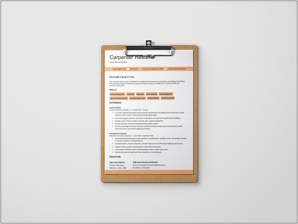 Example Of Resume For Carpenter