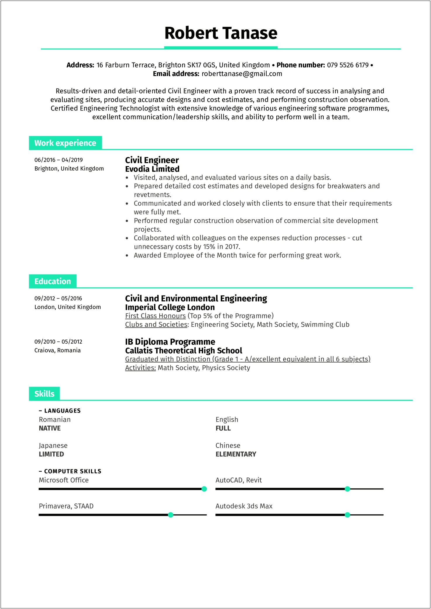 Example Of Resume For Civil