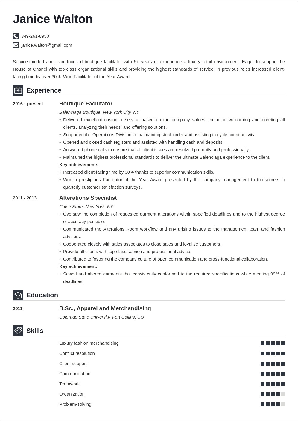 Example Of Resume For Clothing Store