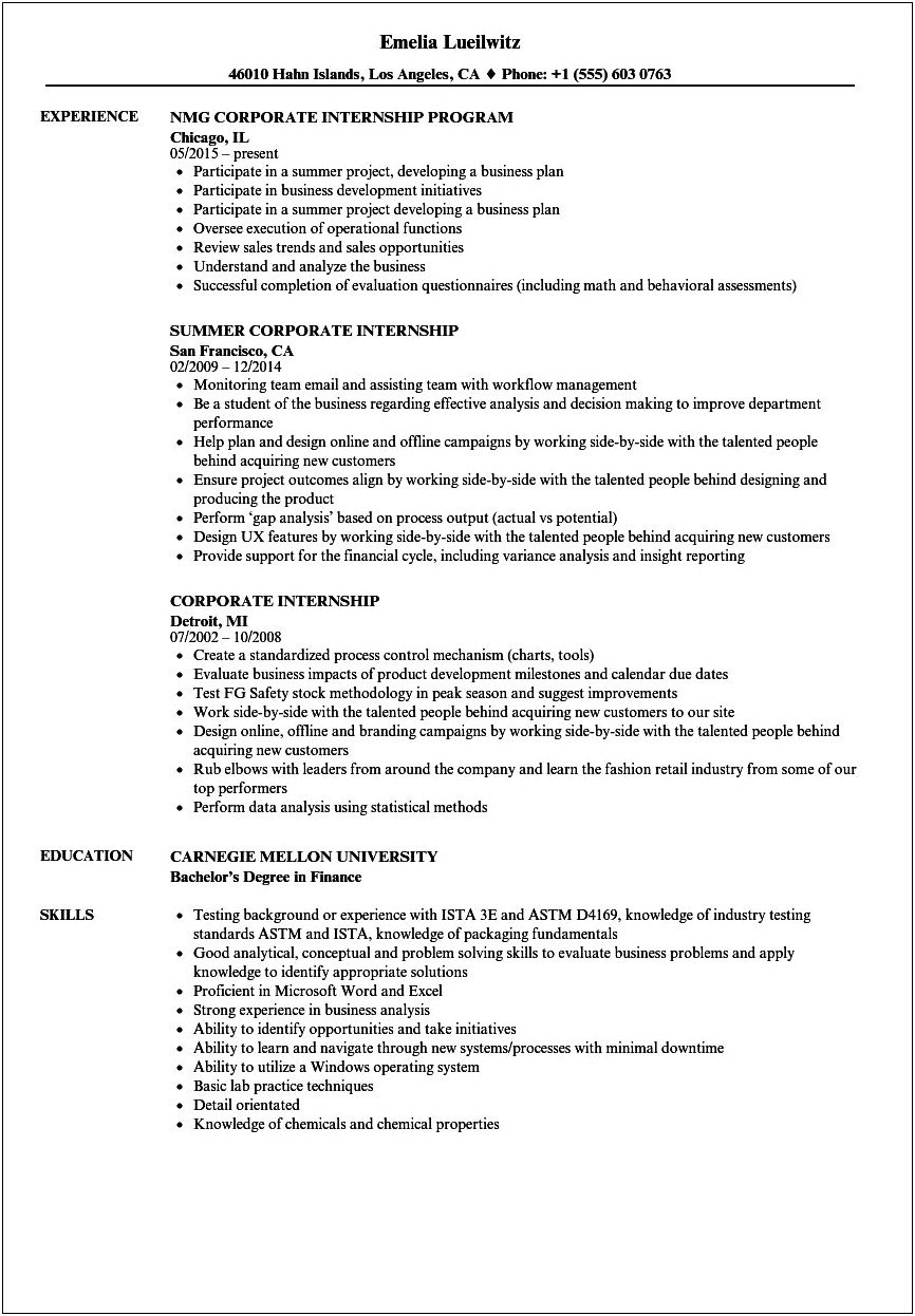 Example Of Resume For College Internship