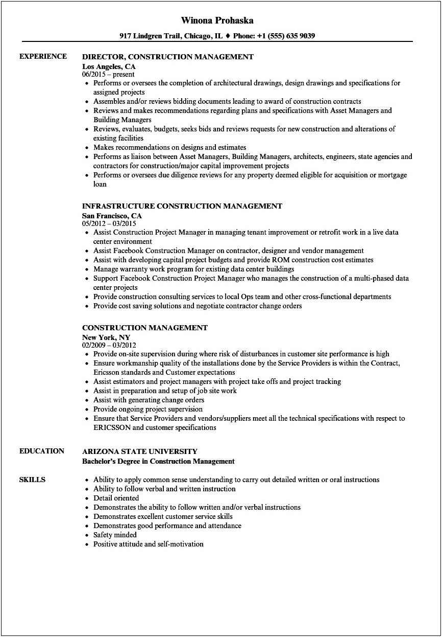 Example Of Resume For Construction Management