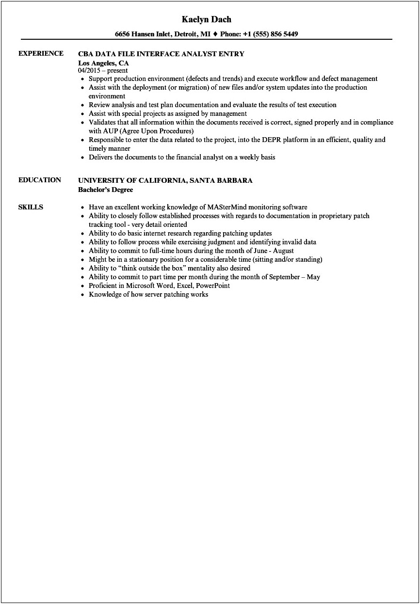 Example Of Resume For Data Entry