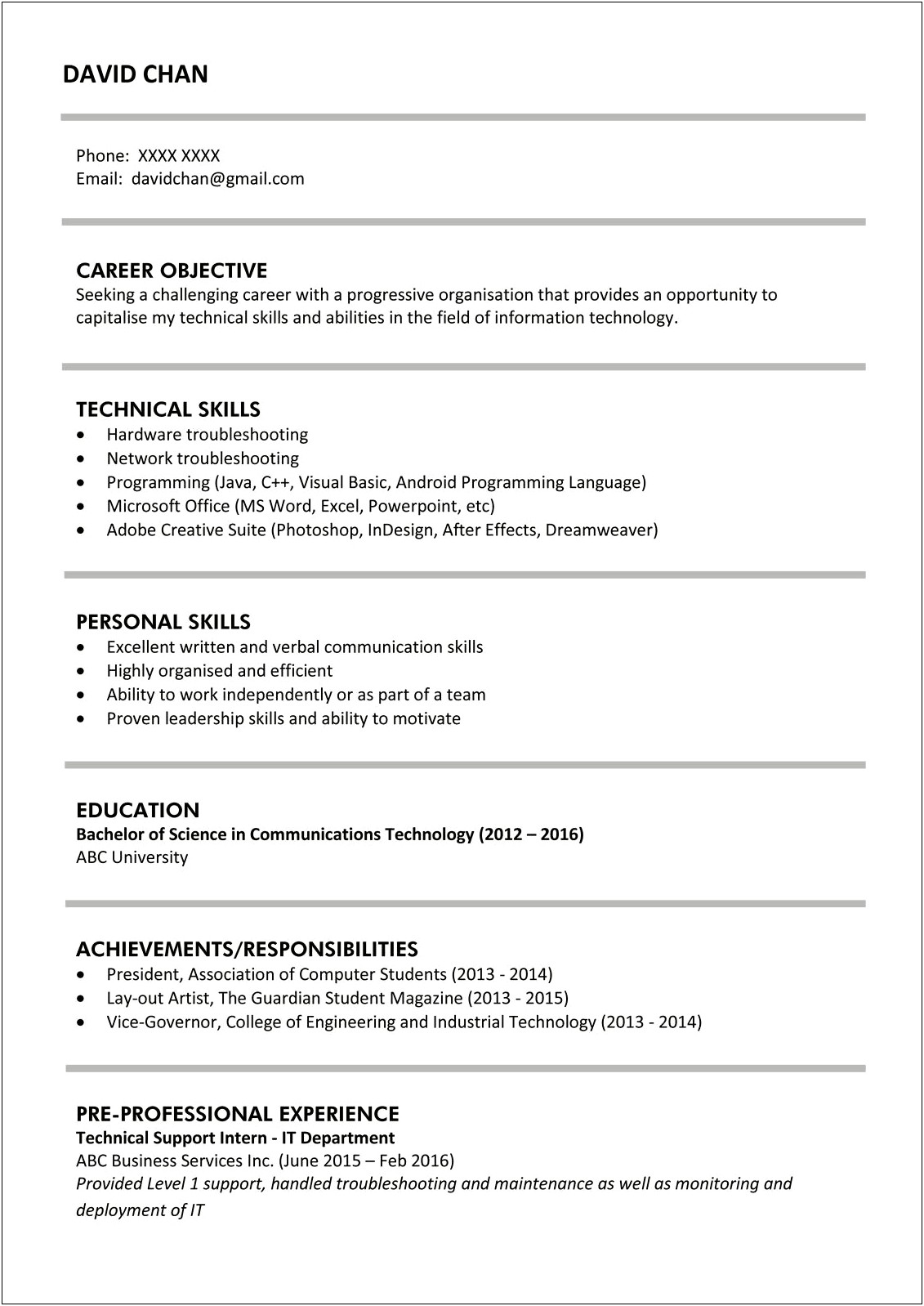 Example Of Resume For Engineering Fresh Graduate
