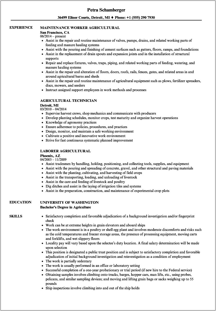 Example Of Resume For Farmers