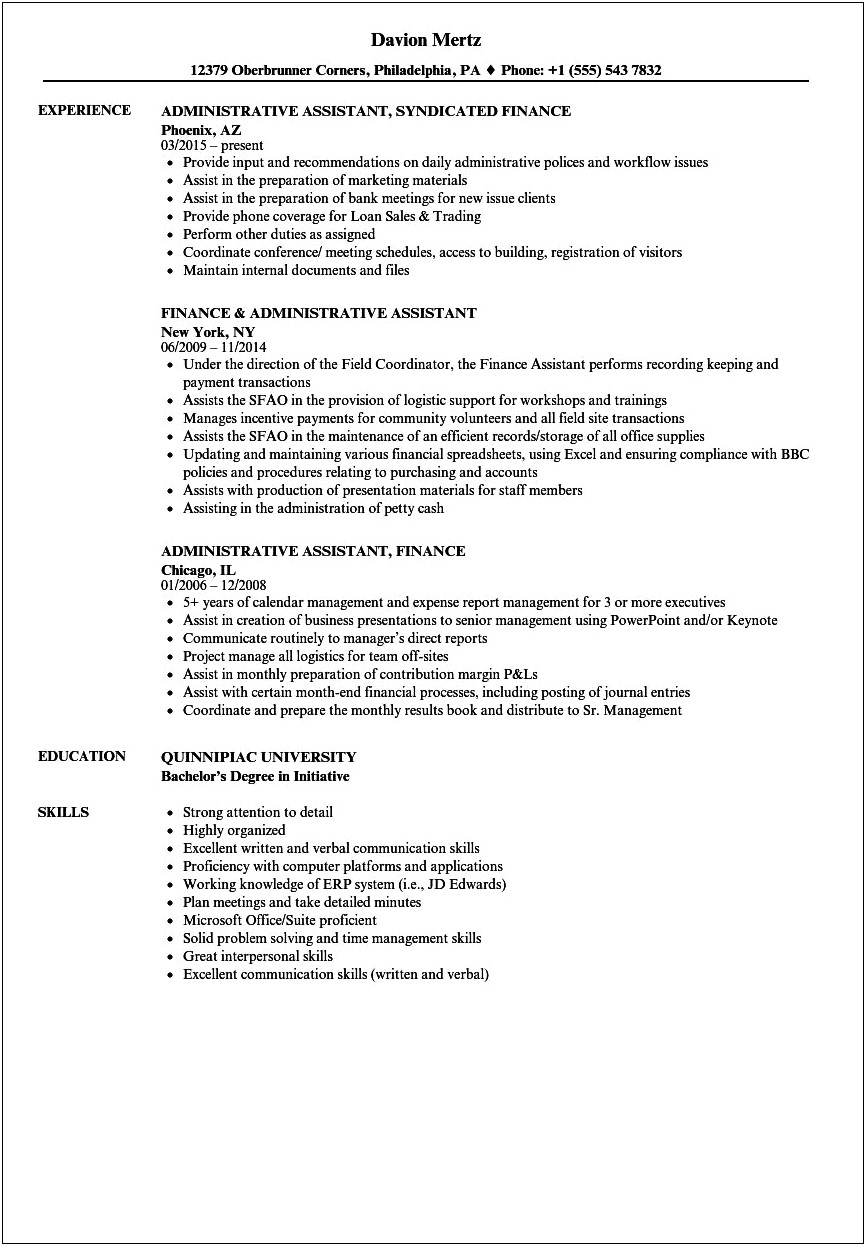 Example Of Resume For Finance Assistant