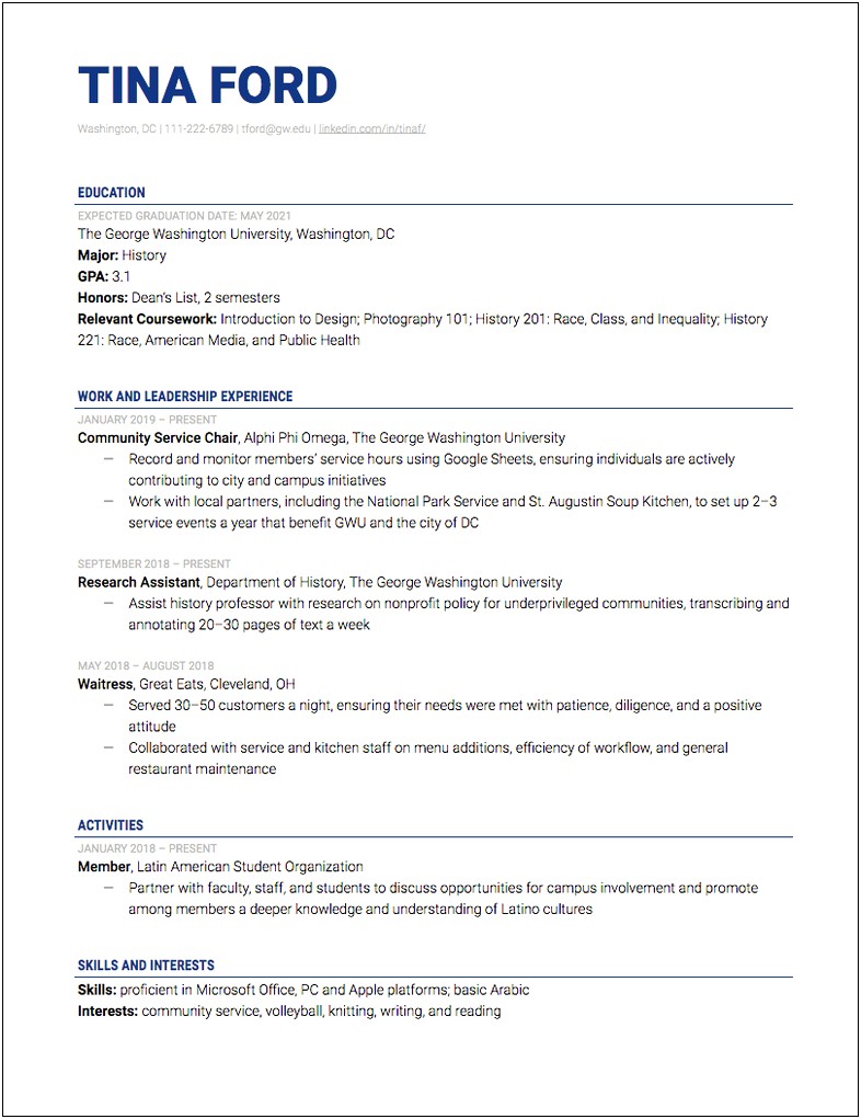 Example Of Resume For Freshman College Application