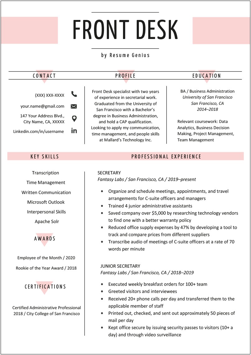 Example Of Resume For Front Desk Receptionist