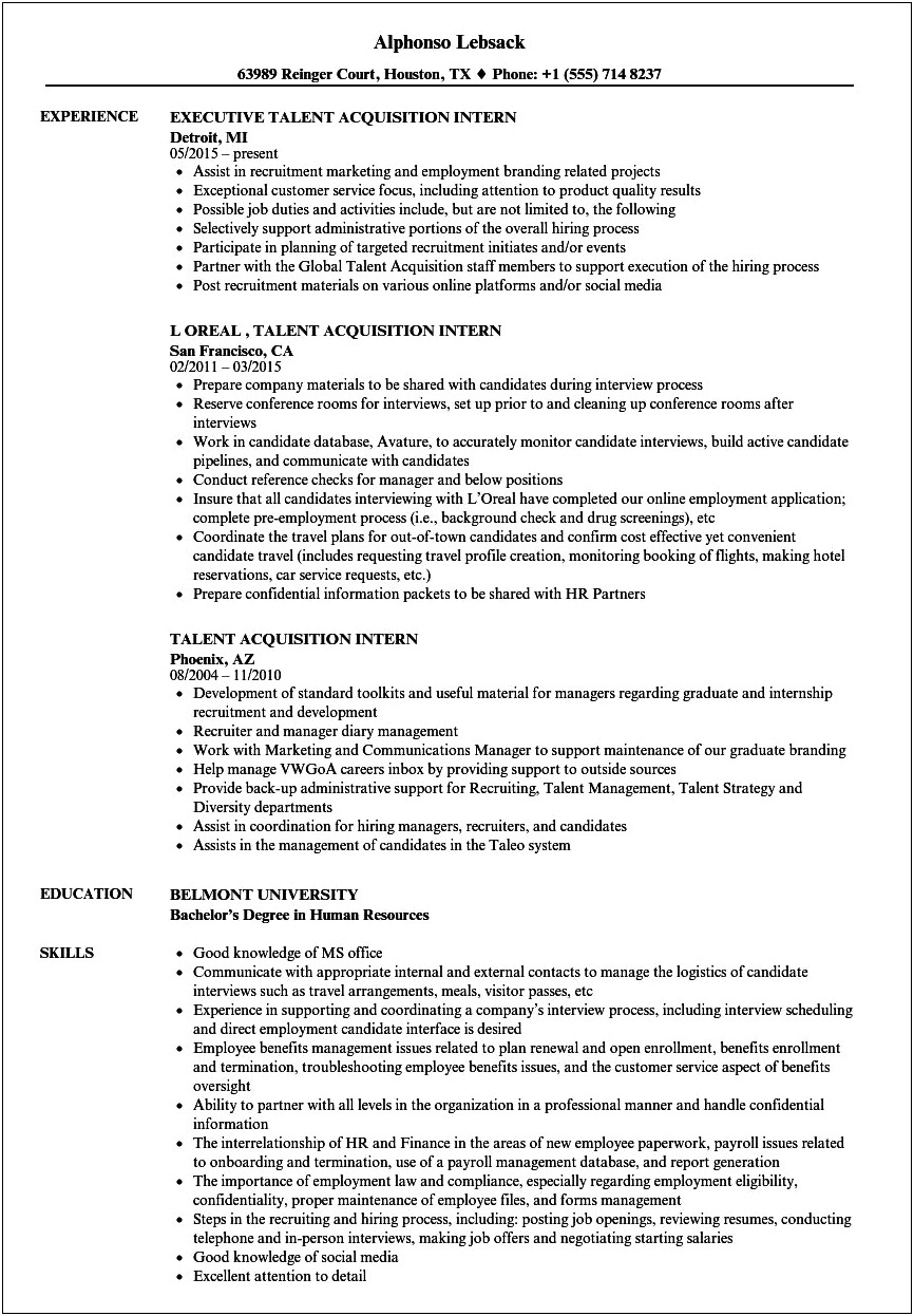 Example Of Resume For Hotel Acquisition Internship