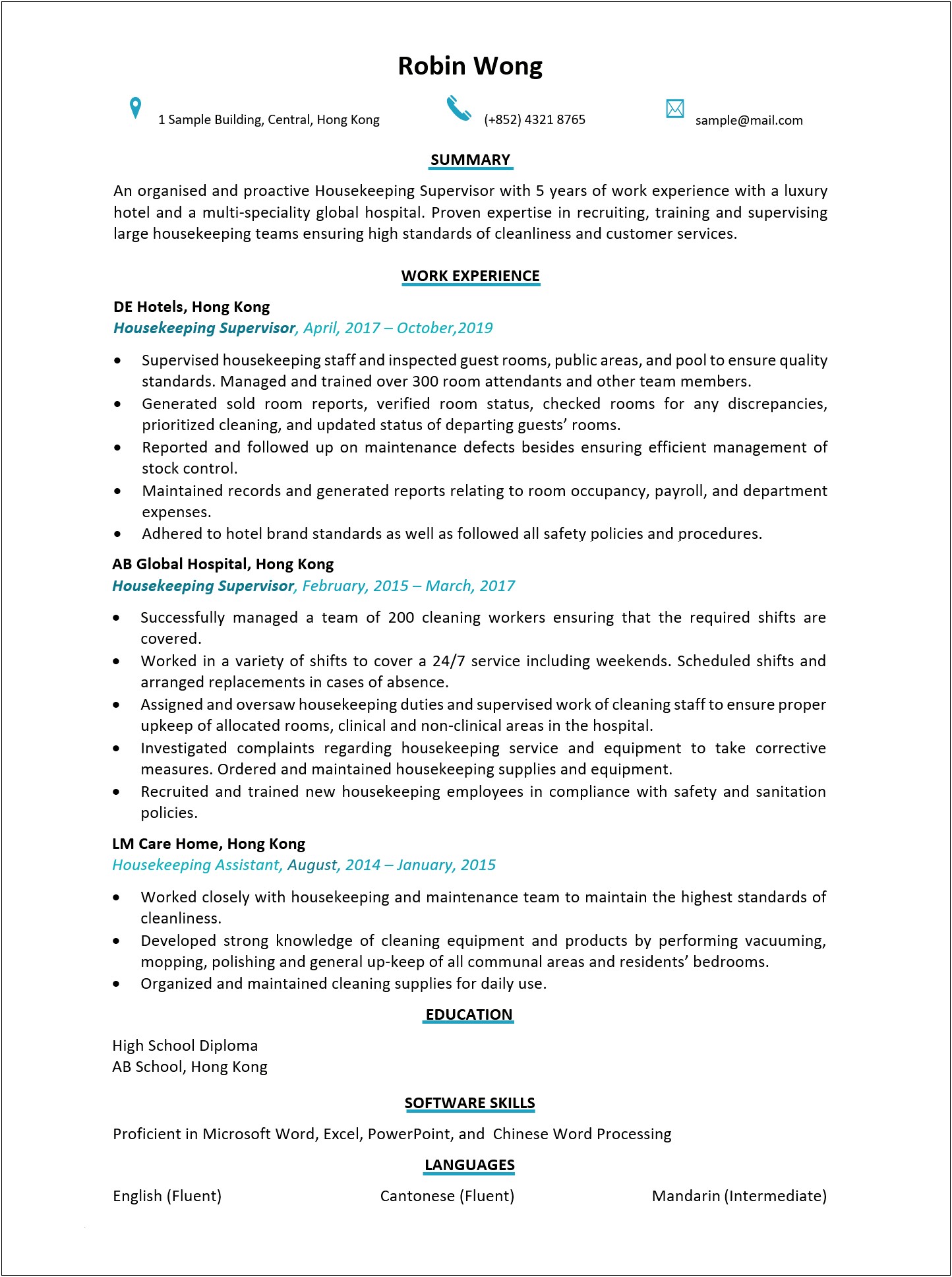 Example Of Resume For Housekeeping In Hospital
