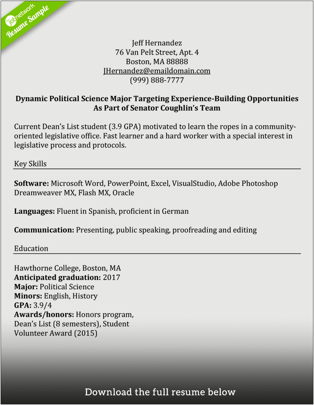 Example Of Resume For Internship Position