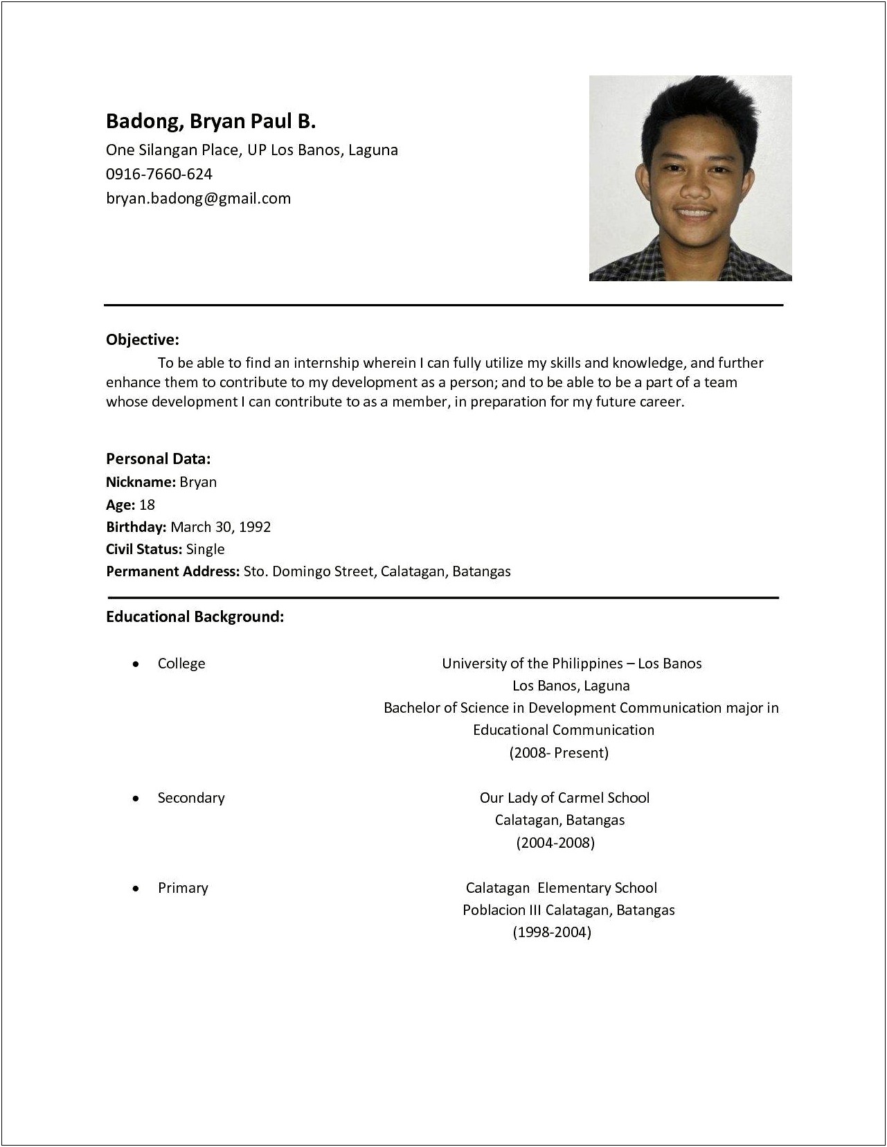 Example Of Resume For Job Tagalog