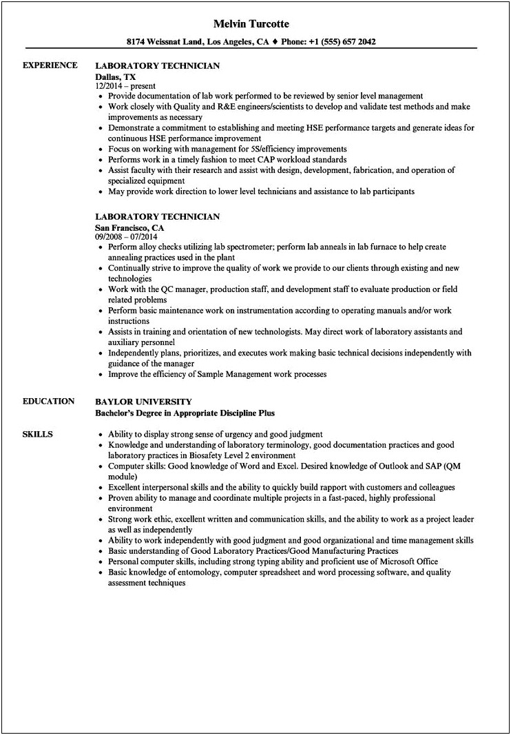 Example Of Resume For Medical Laboratory Technologist