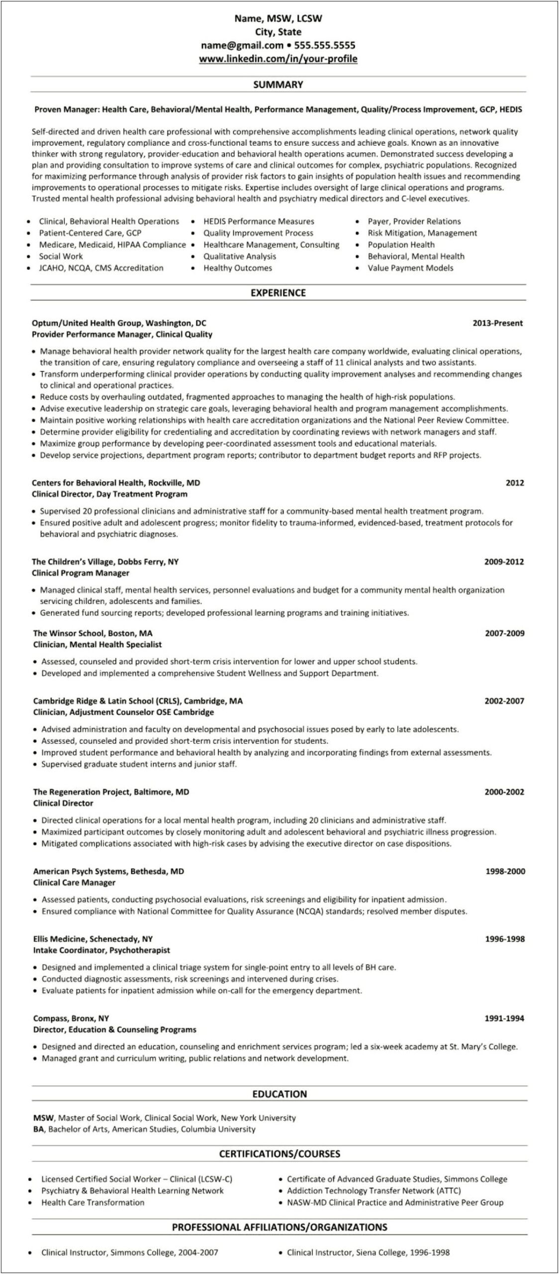 Example Of Resume For Msw