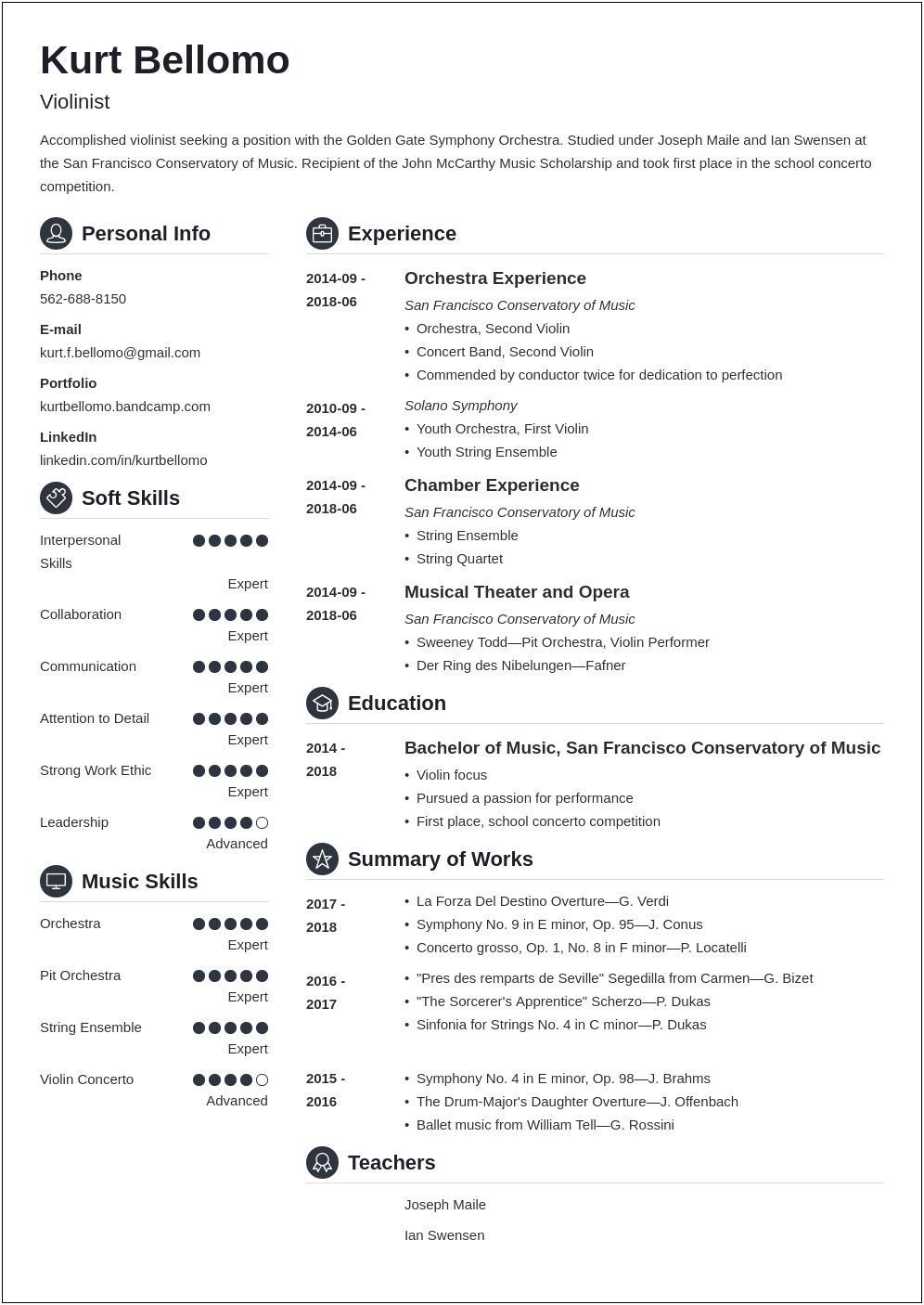 Example Of Resume For Musician