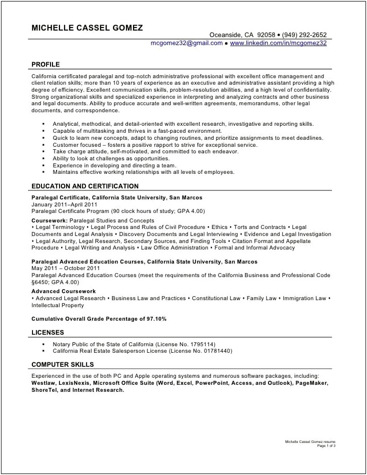 Example Of Resume For Paralegal
