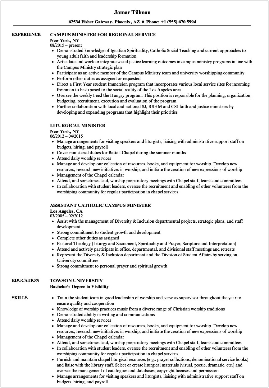 Example Of Resume For Pastor