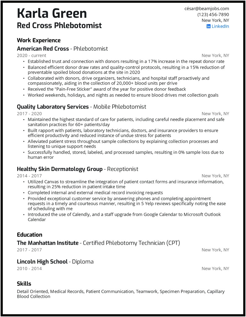 Example Of Resume For Phlebotomist