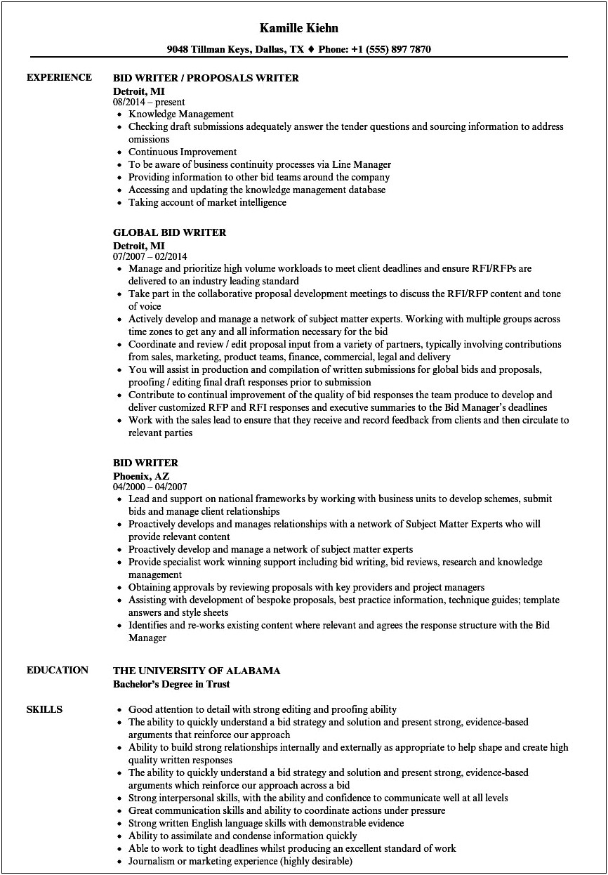 Example Of Resume For Proposal Writer