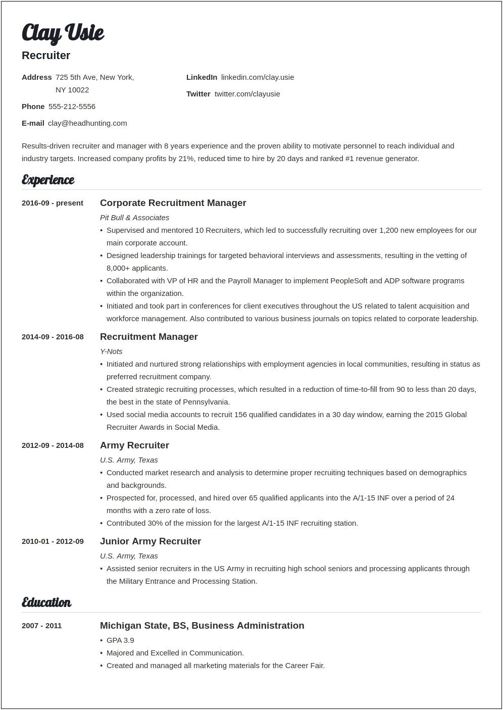 Example Of Resume For Recruiter