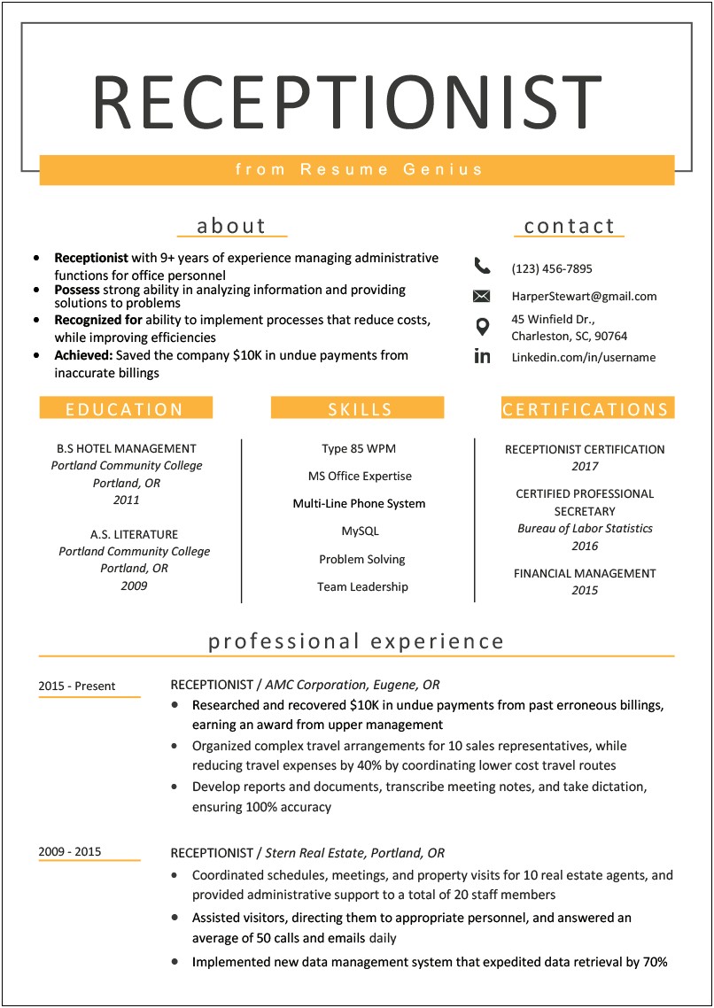 Example Of Resume For Secretarial Job