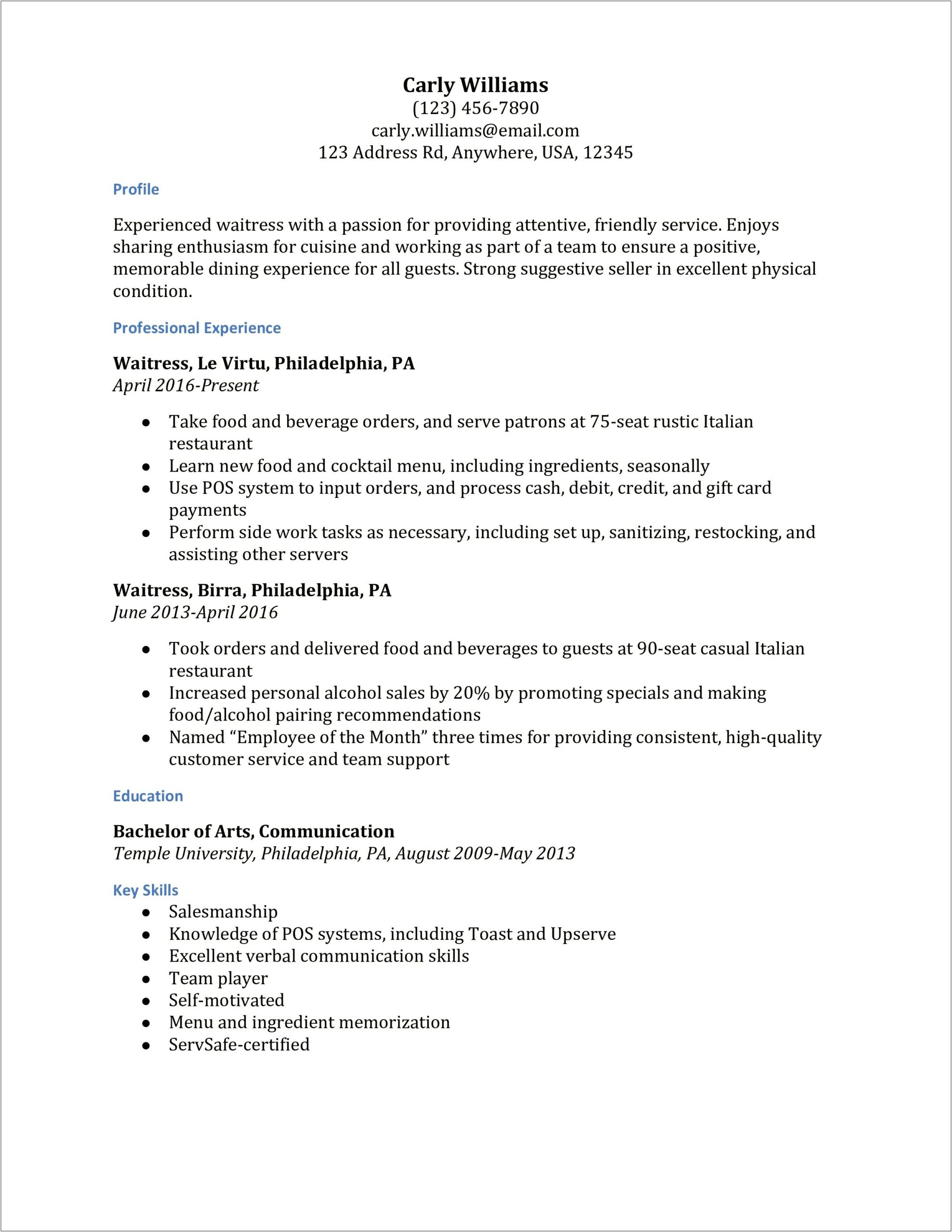 Example Of Resume For Server Fine Dining