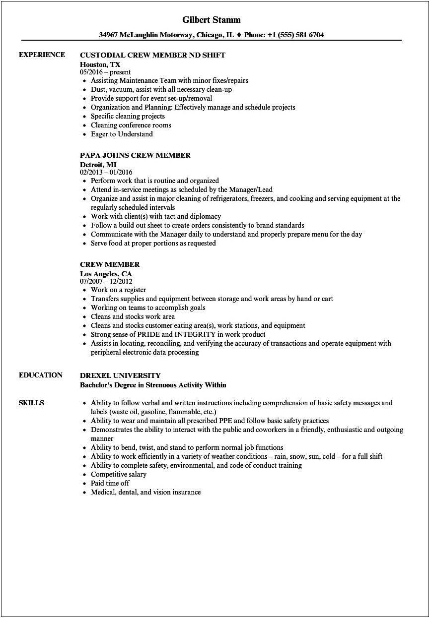 Example Of Resume For Service Crew