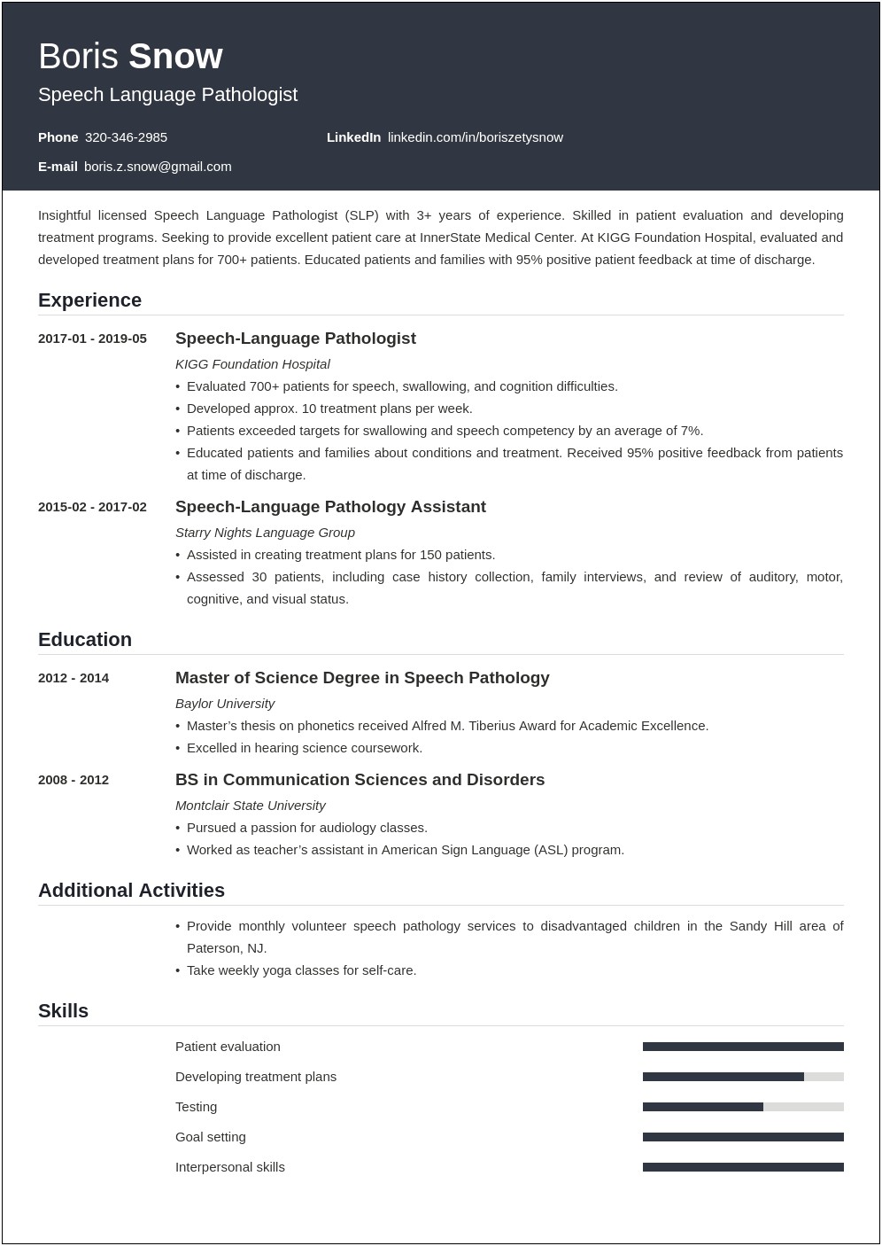 Example Of Resume For Speech Language Hearing