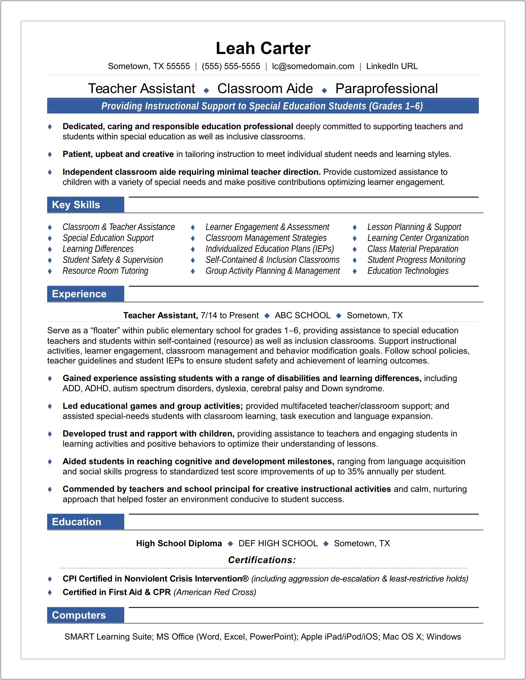 Example Of Resume For Student Assistant