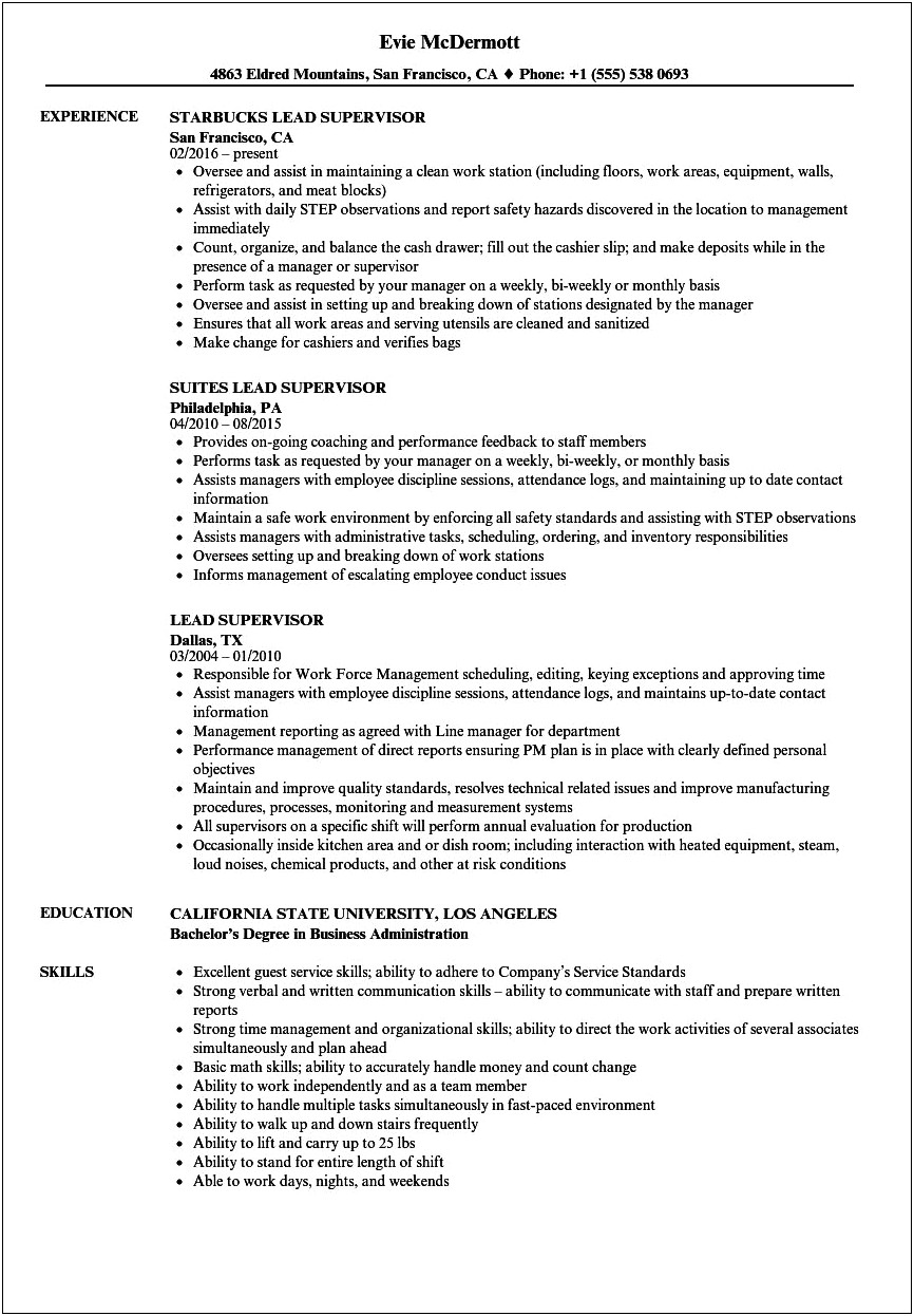 Example Of Resume For Supervisor Position