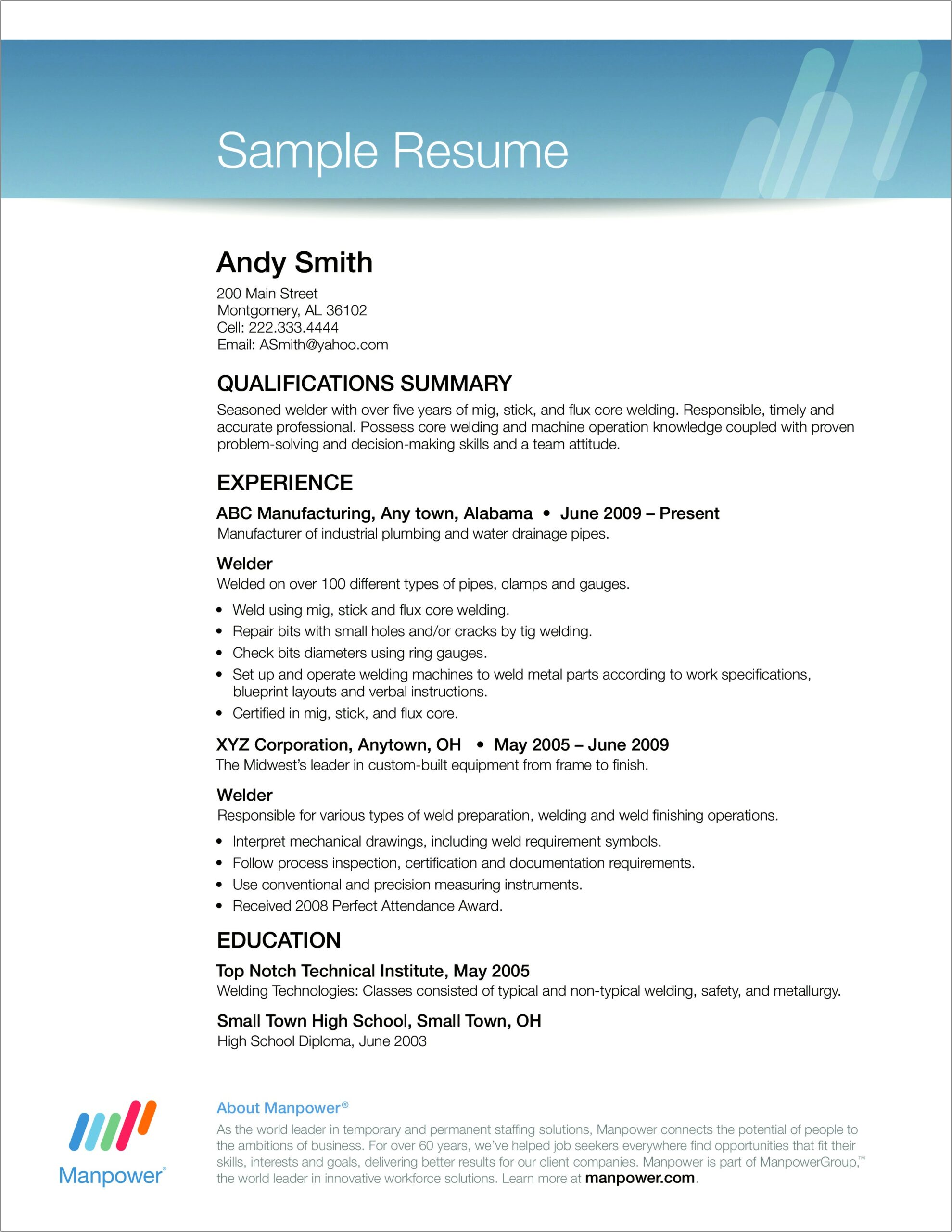 Example Of Resume For Welding