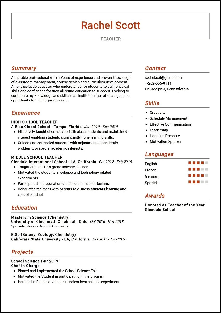 Example Of Resume Format For Teacher