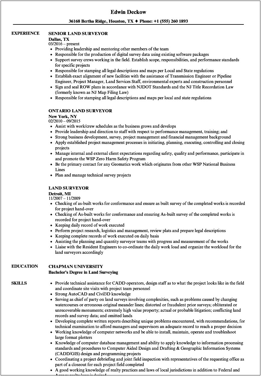 Example Of Resume In Gis And Land Surveyor