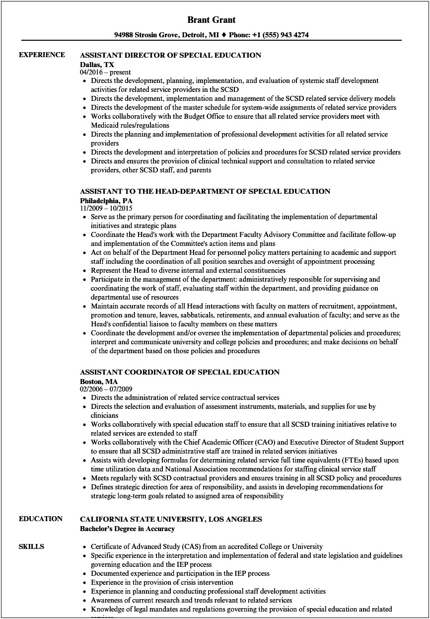 Example Of Resume In Special Education Para Educator