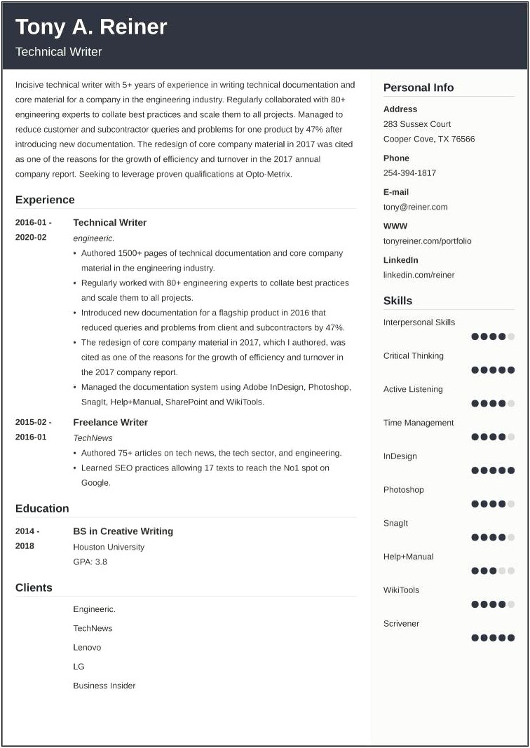 Example Of Resume In Technical Writing