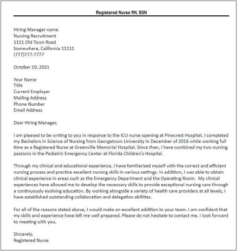 Example Of Resume Letter For Nurses
