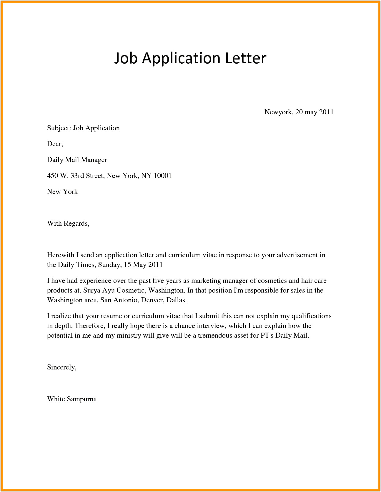 Example Of Resume Letter To Apply Job