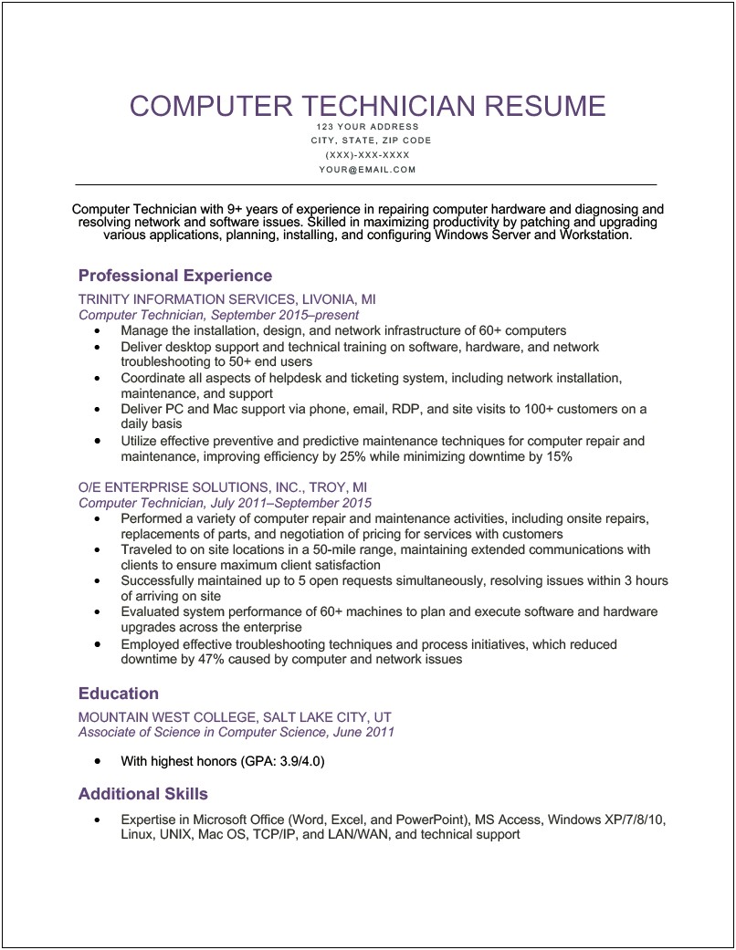 Example Of Resume Network Technician Entry Level
