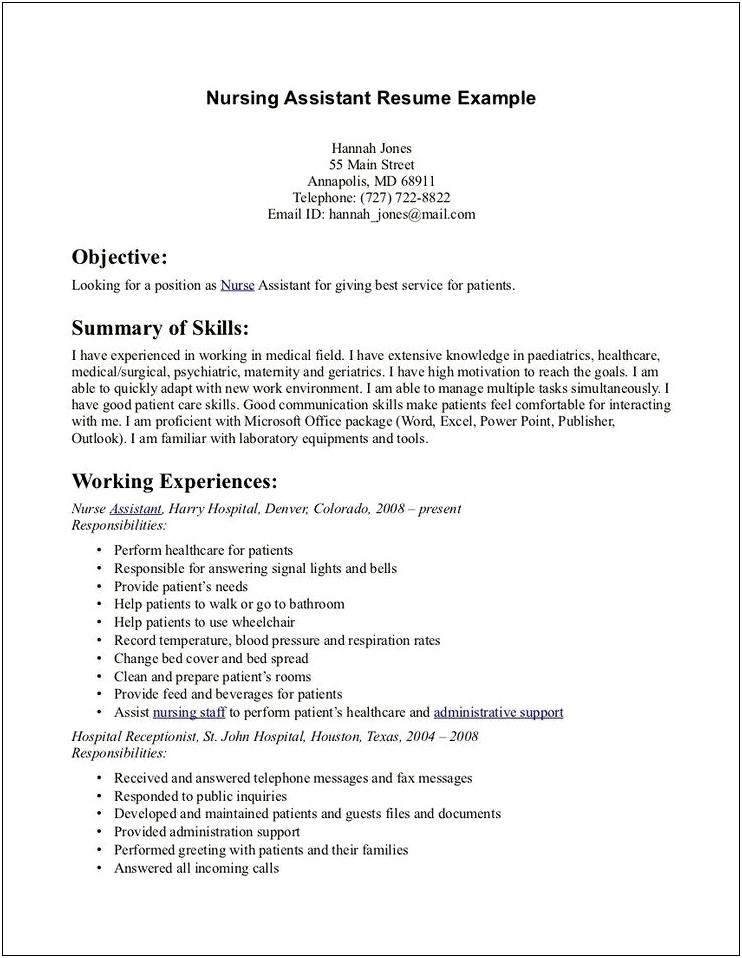 Example Of Resume Nursing Assistant