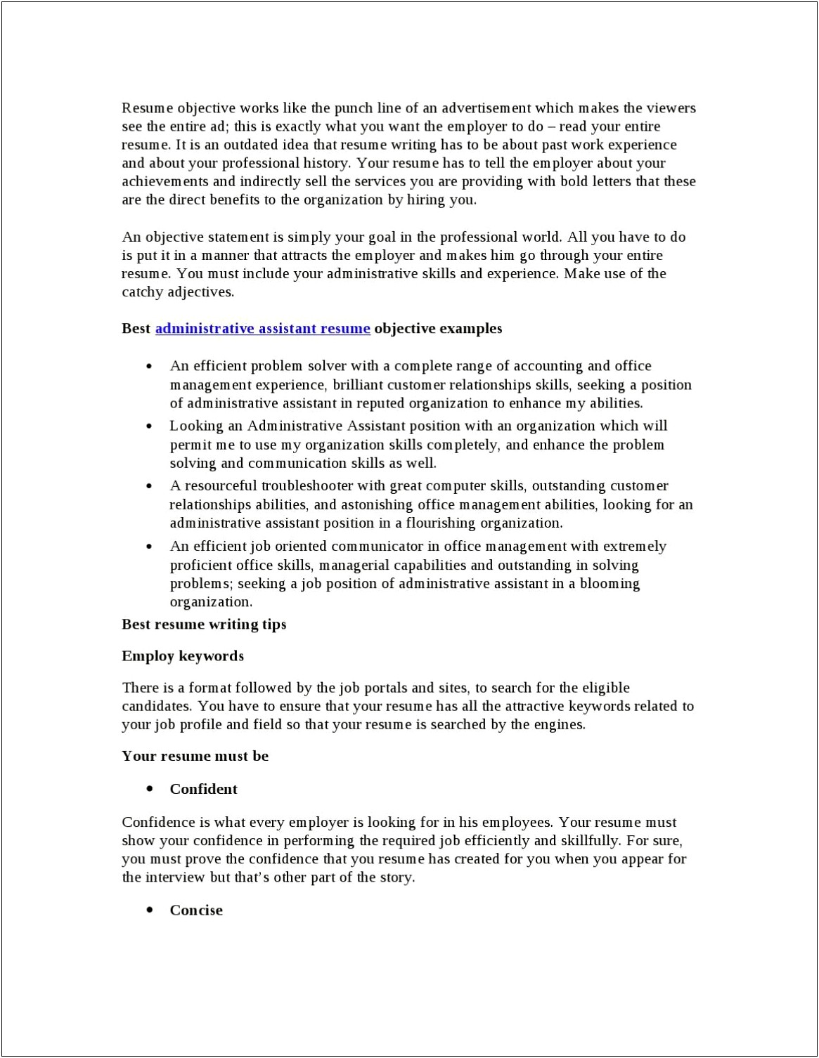 Example Of Resume Objective For Administrative Assistant